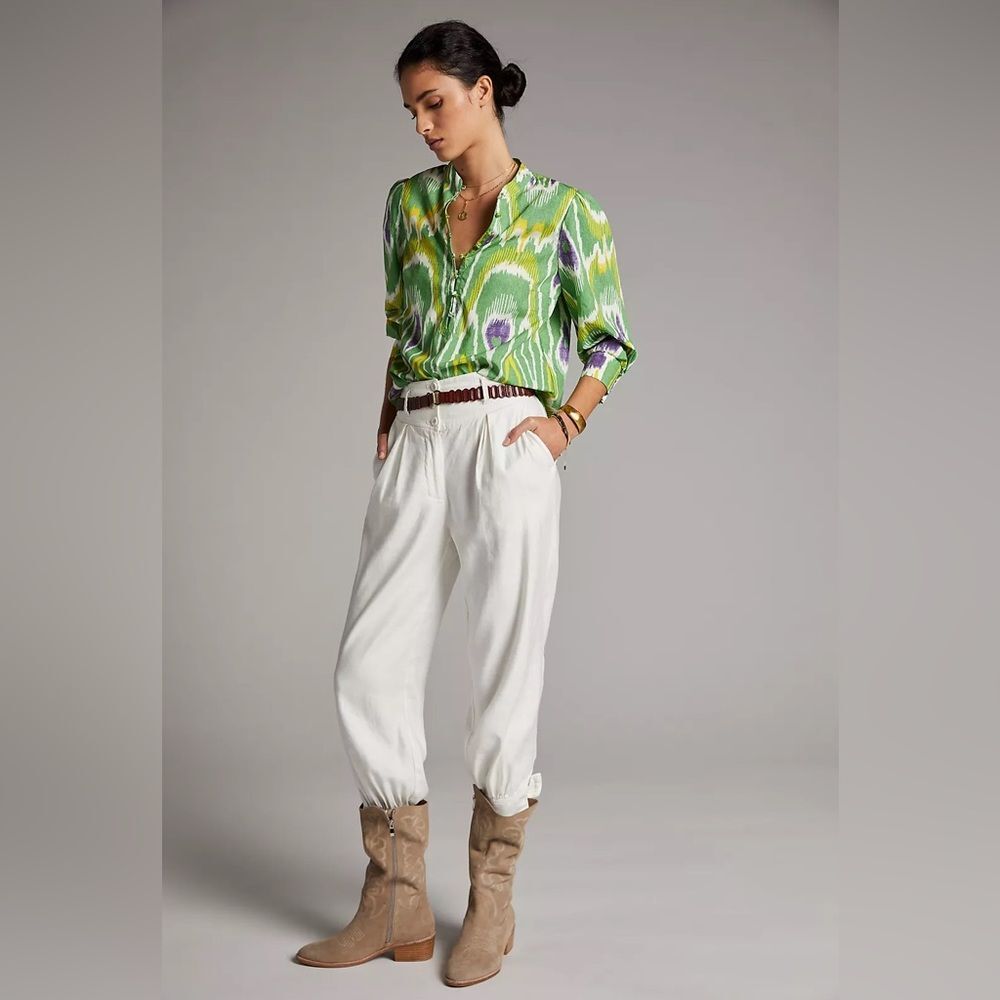 Anthropologie Sharona Henley Blouse in Green Motif S NWOT